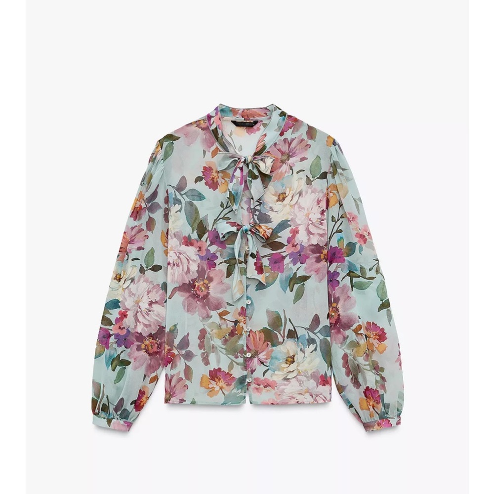 NWT Zara Floral Tie Blouse - Picture 2 of 5